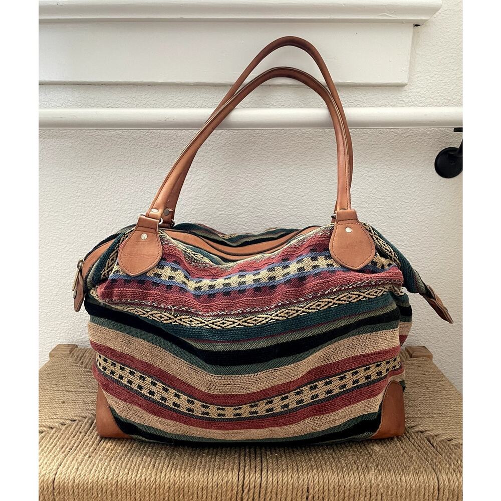 Vintage L.L. Bean Tapestry Weekender Duffel with leather handles